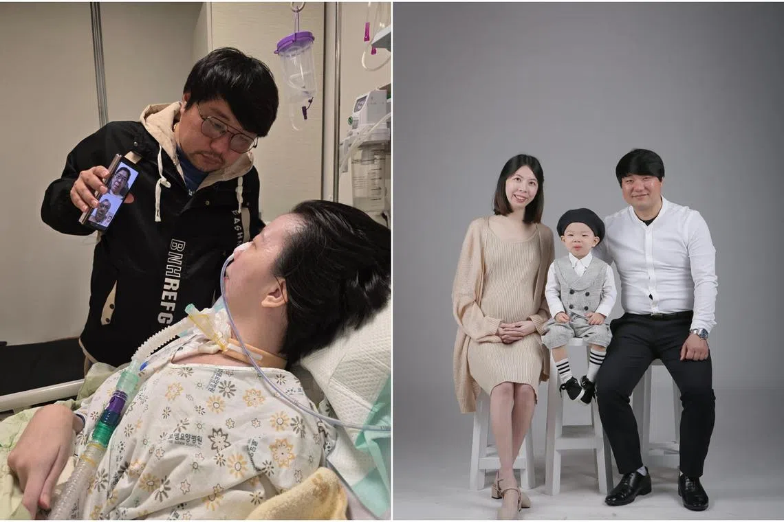 Mr Jang Jong-seok (left) holding the phone as his in-laws make a video-call to Madam Tong Ming Yan. 