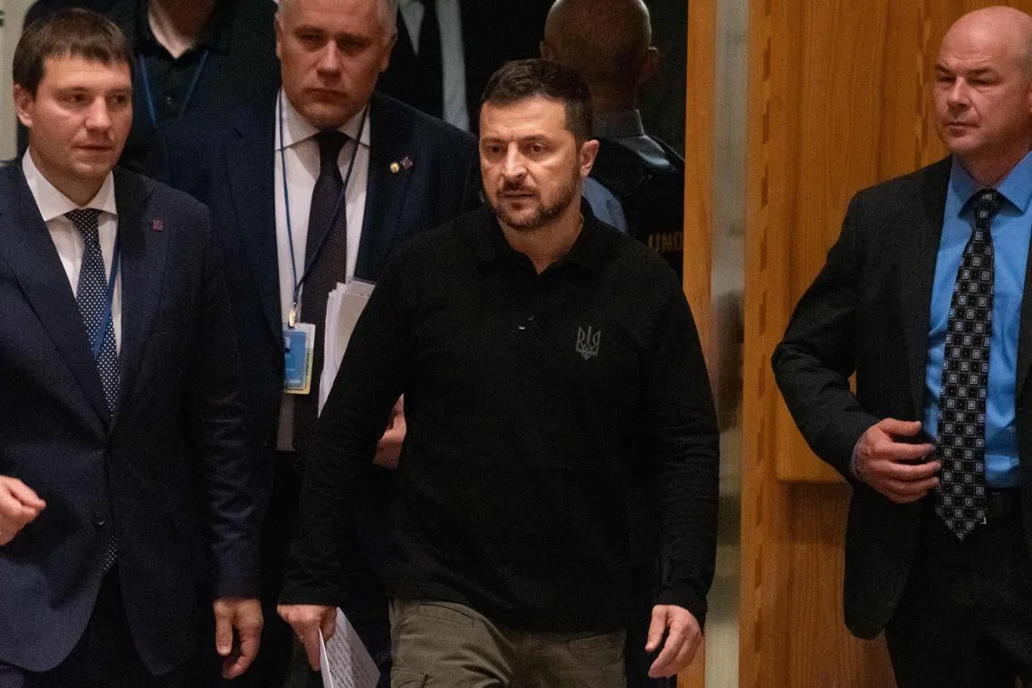 Ukrainian President Volodymyr Zelensky, arriving to address the UN Security Council on Sept 24, in New York City. PHOTO: AFP