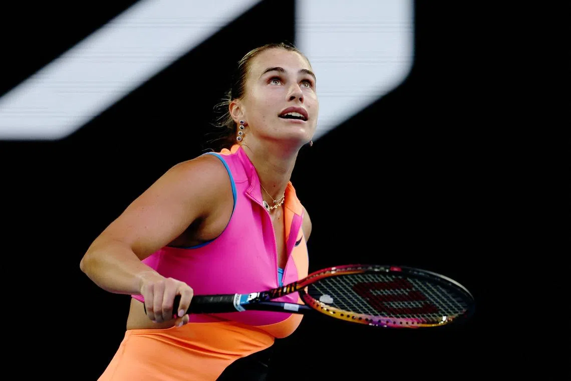Tennis - Australian Open - Melbourne Park, Melbourne, Australia - January 29, 2026 Belarus' Aryna Sabalenka in action during her semi final match against Ukraine's Elina Svitolina REUTERS/Hollie Adams