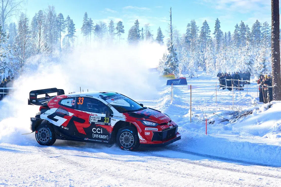 Elfyn Evans, Great Britain, with co-driver Scott Martin Great Britain, compete in their Toyota GR Yaris Rally1 during Rally Sweden, the second round of the FIA World Rally Championship in Umea, Sweden, February, 14, 2026. TT News Agency/Peo Moller/via REUTERS