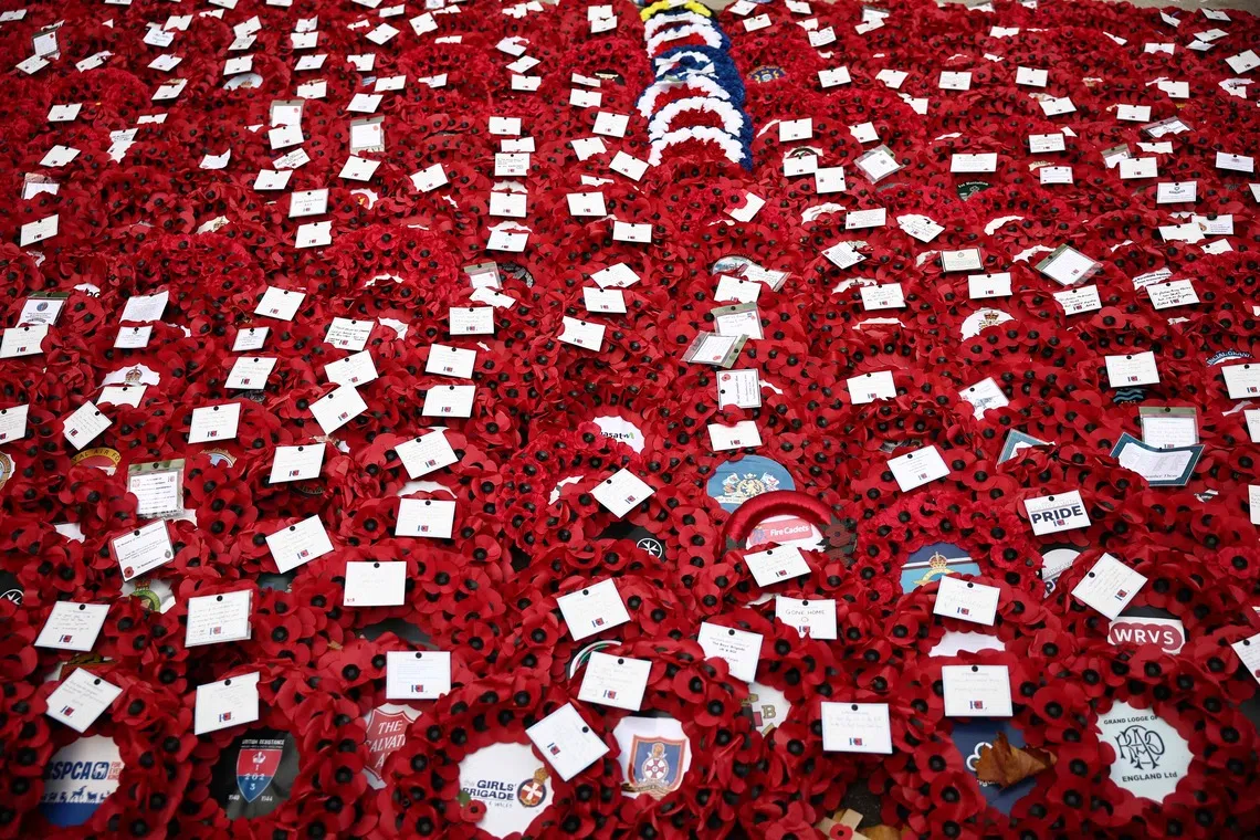 Poppy wreaths laid at the foot of the Cenotaph on Whitehall in London, on Nov 9, 2025 following the Remembrance Sunday ceremony.