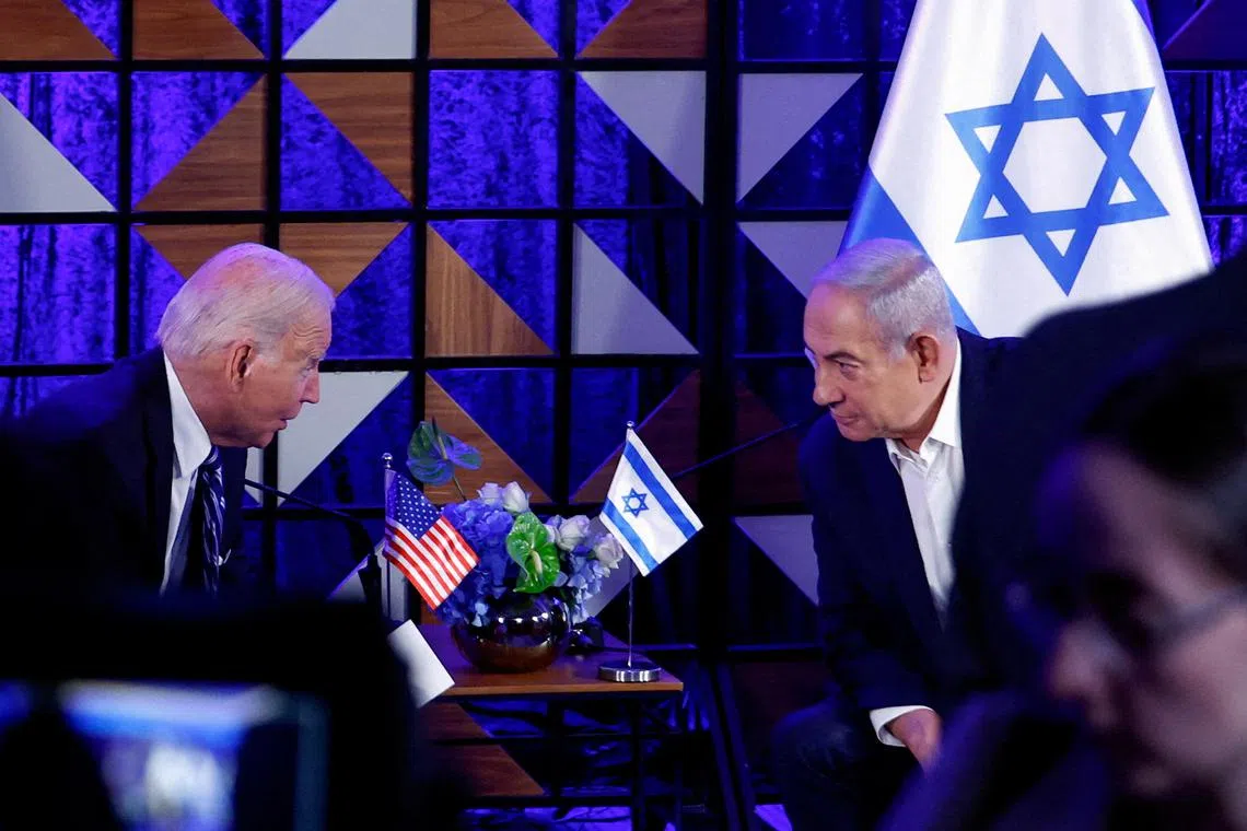 US President Joe Biden (left) in a meeting with Israeli Prime Minister Benjamin Netanyahu, during a visit to Tel Aviv in October 2023.