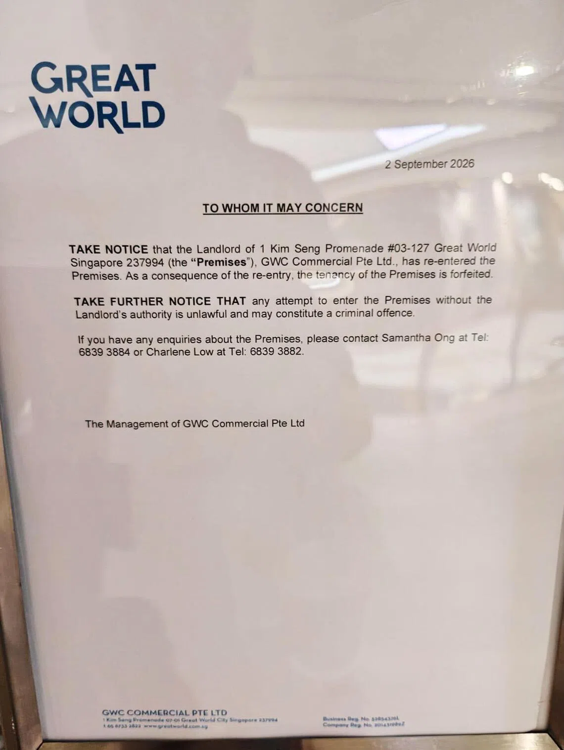 The unit has since been reclaimed by the landlord GWS Commercial, which operates Great World mall, according to a notice dated Sept 2.