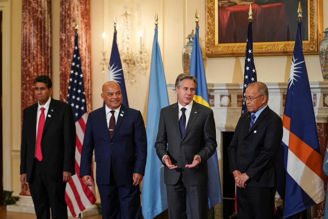 US Secretary of State Antony Blinken (second from right) hosts a meeting with the leaders of Palau, Micronesia and the Marshall Islands.
