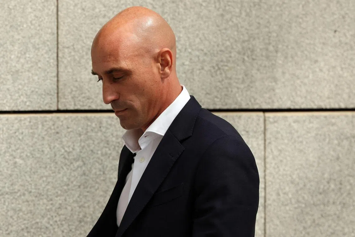 (FILES) Former president of the Spanish football federation Luis Rubiales leaves the Audiencia Nacional court in Madrid on September 15, 2023. Former president of the Spanish Football Federation (RFEF), Luis Rubiales, who landed at Madrid airport in a plane from the Dominican Republic, was arrested on his return to Spain on April 3, 2024 by the Guardia Civil, which is investigating alleged irregular contracts during his term in office, Spanish media report. (Photo by Thomas COEX / AFP)