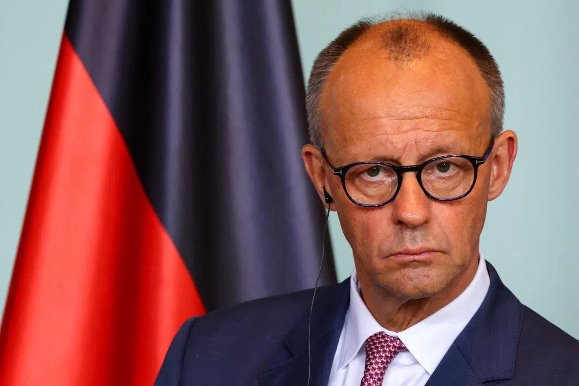 German Chancellor Friedrich Merz attends a press conference with Ukraine's President Volodymyr Zelenskiy (not pictured), at the Chancellery in Berlin, Germany, May 28, 2025.REUTERS/Fabrizio Bensch