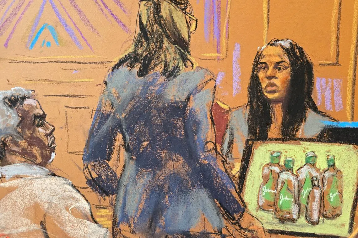 FILE PHOTO: Special agent Yasin Binda shows evidence photos from hotel where Sean \"Diddy\" Combs was arrested (including baby oil), during Sean \"Diddy\" Combs' sex trafficking trial in New York City, New York, U.S., May 16, 2025 in this courtroom sketch. REUTERS/Jane Rosenberg/File Photo