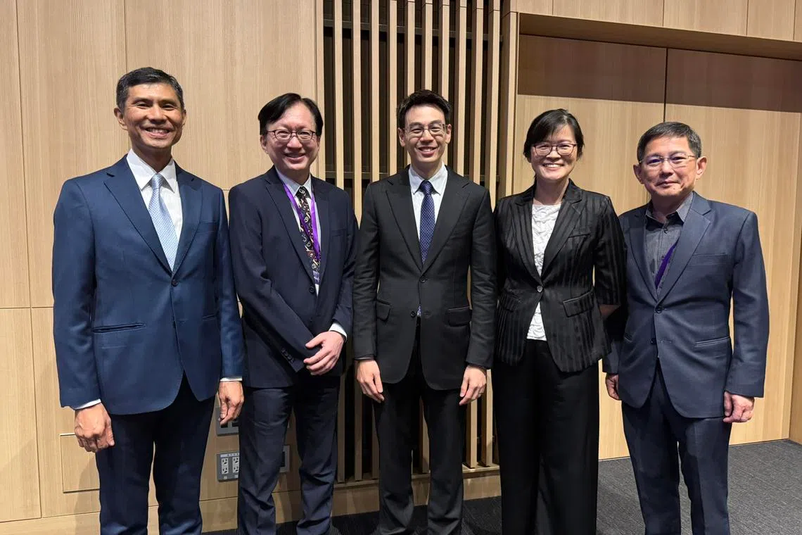(From left) Association of Aerospace Industries (Singapore) chief executive Chew Hwee Yong; Nanyang Technological University Satellite Research Centre executive director Lim Wee Seng; National Space Agency of Singapore deputy chief executive Jonathan Hung; National Space Agency of Singapore chief executive Ngiam Le Na; and Leck Chet Lam, managing director of Experia Events, which organises the Singapore Airshow and the Singapore Space Summit, attend space symposium SPACETIDE 2026 in Tokyo on July 6.