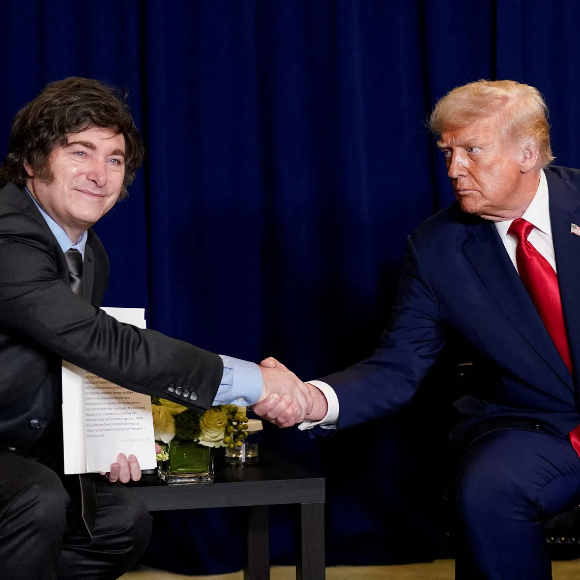 FILE PHOTO: U.S. President Donald Trump shakes hands with Argentina's President Javier Milei as they meet during the 80th United Nations General Assembly, in New York City, New York, U.S., September 23, 2025. REUTERS/Al Drago/File Photo