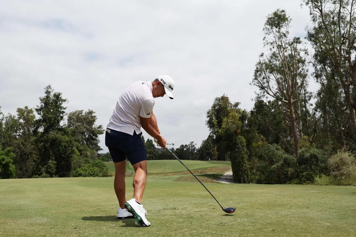 Collin Morikawa plays his shot from the fifth tee during a practice round prior to the US Open.