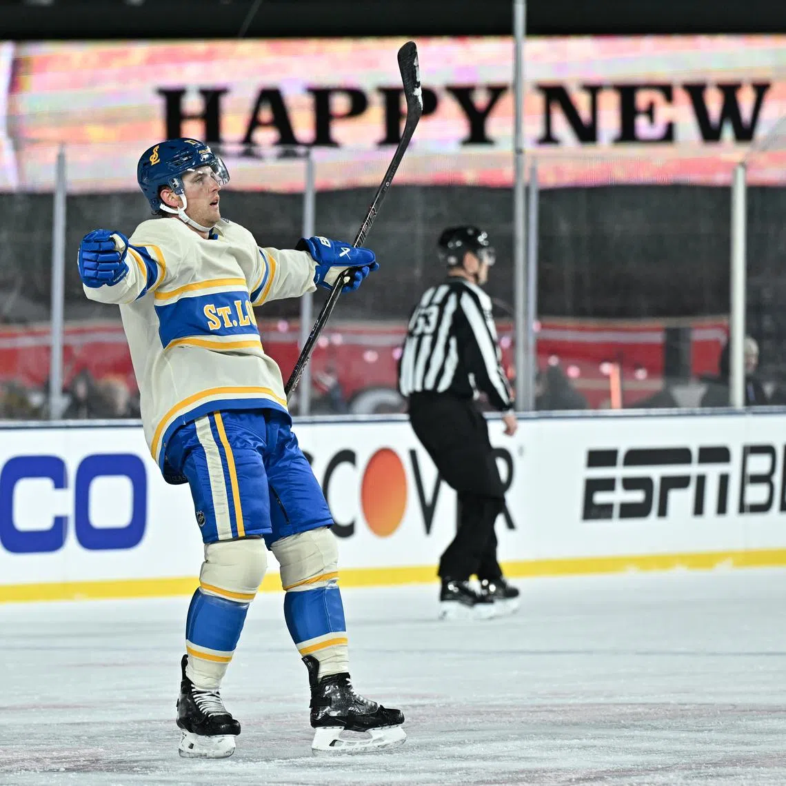 Dec 31, 2024; Chicago, Illinois, USA; St. Louis Blues defenseman Cam Fowler (17) celebrates after his goal against the Chicago Blackhawks during the second period in the Winter Classic at Wrigley Field. Mandatory Credit: Daniel Bartel-Imagn Images