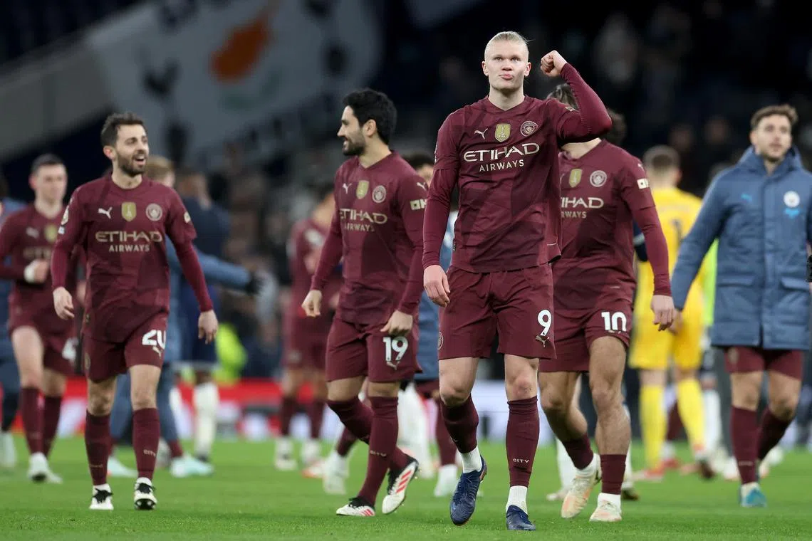 Manchester City striker Erling Haaland and his teammates celebrate after beating Tottenham Hotspur in the Premier League.
