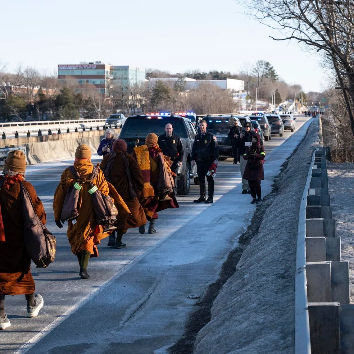 The monks began their walk in Texas more than three months ago, at times braving frigid winter temperatures.