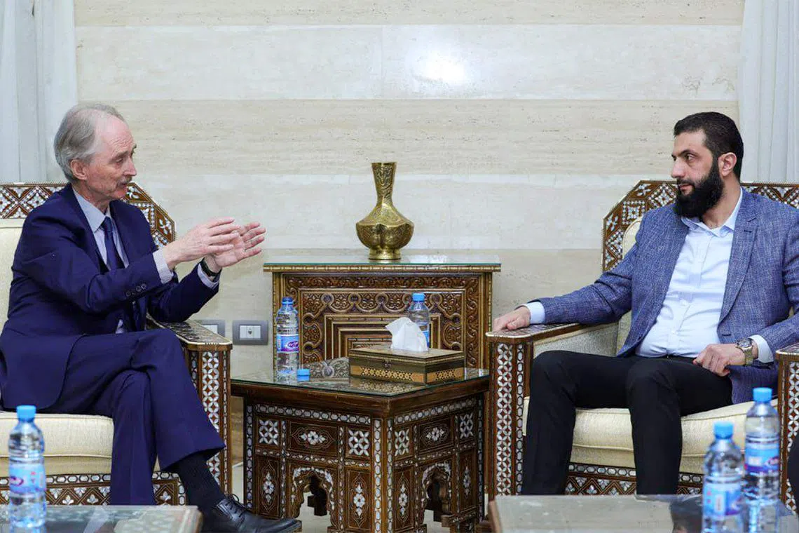This handout photo shows UN Special Envoy Geir Pedersen meeting with Syria’s new leader, Mr Ahmed al-Sharaa.