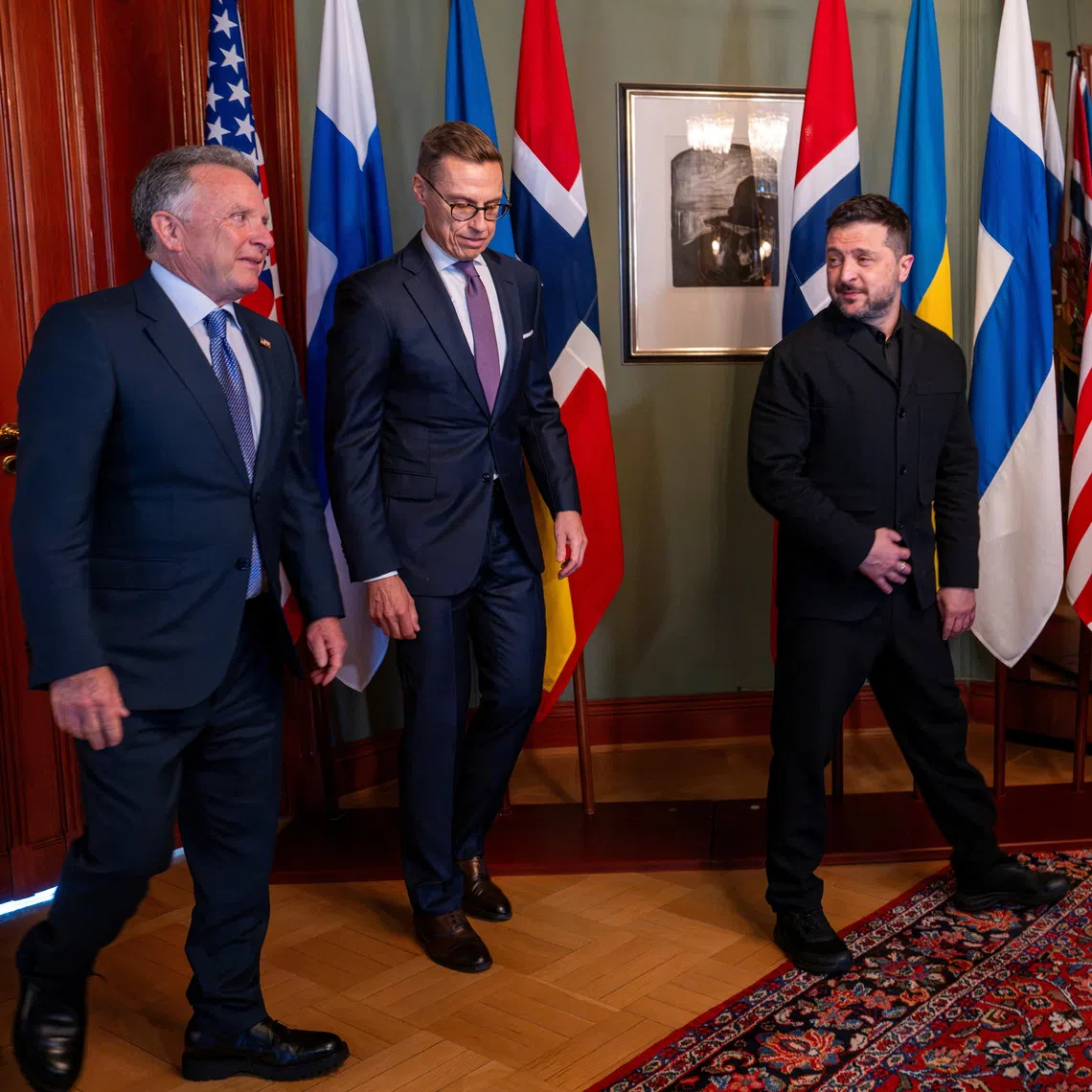 Ukrainian President Volodymyr Zelensky (second from right) meeting (from left) US Special Envoy Steve Witkoff, Finnish President Alexander Stubb and Norwegian Prime Minister Jonas Gahr Store in Oslo, Norway, on Oct 20.