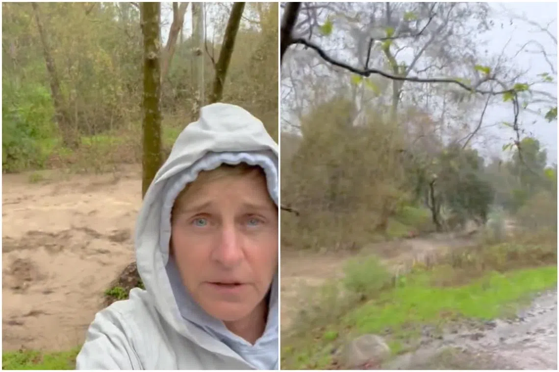 Actress-host Ellen DeGeneres is seen standing next to fast-flowing floodwaters.