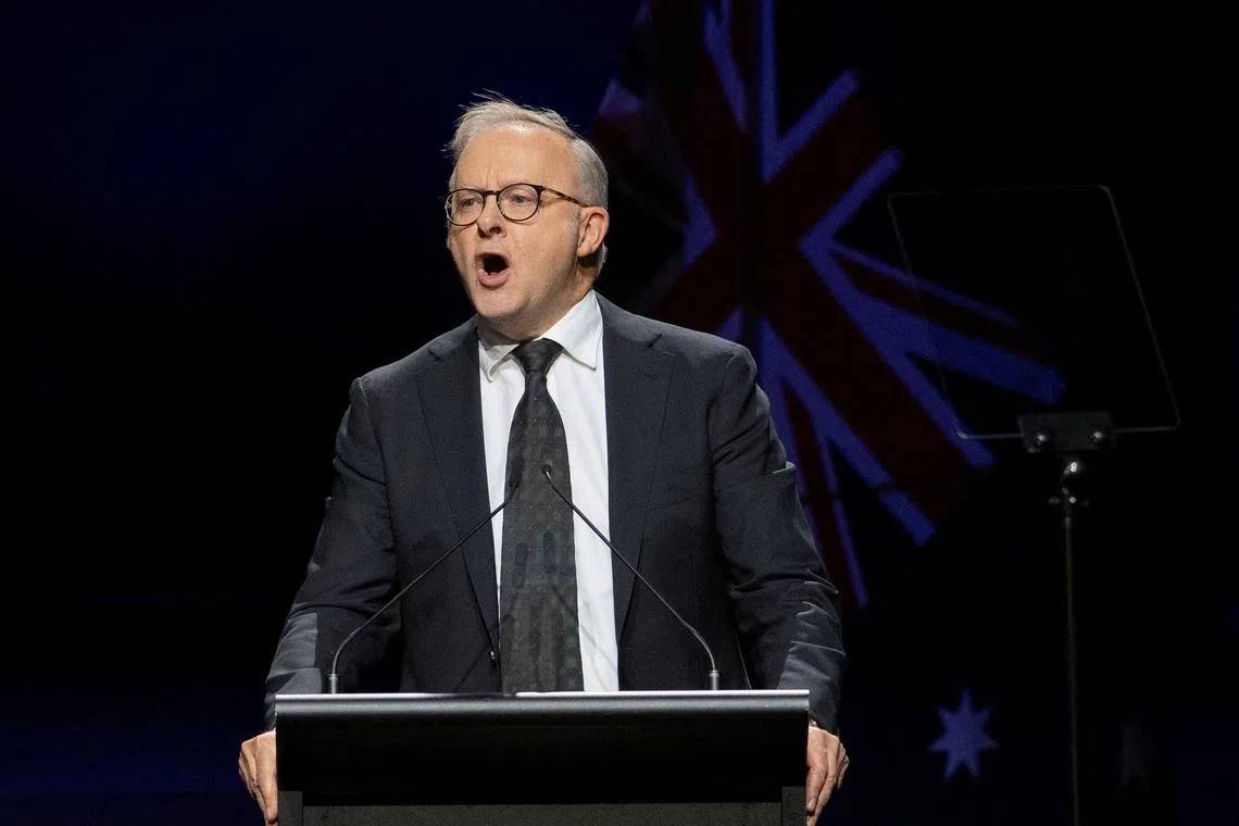 FILE PHOTO: Australian Prime Minister Anthony Albanese speaks at the Sydney Opera House during a National Day of Mourning for the victims of the December 14, 2025, mass shooting at a Jewish Hanukkah celebration at Bondi Beach in Sydney, Australia, January 22, 2026. REUTERS/Jeremy Piper/File Photo