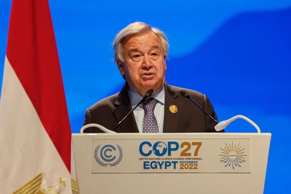 Secretary-General of the UN Antonio Guterres attends the COP27 climate summit in Egypt on Nov 9, 2022. 