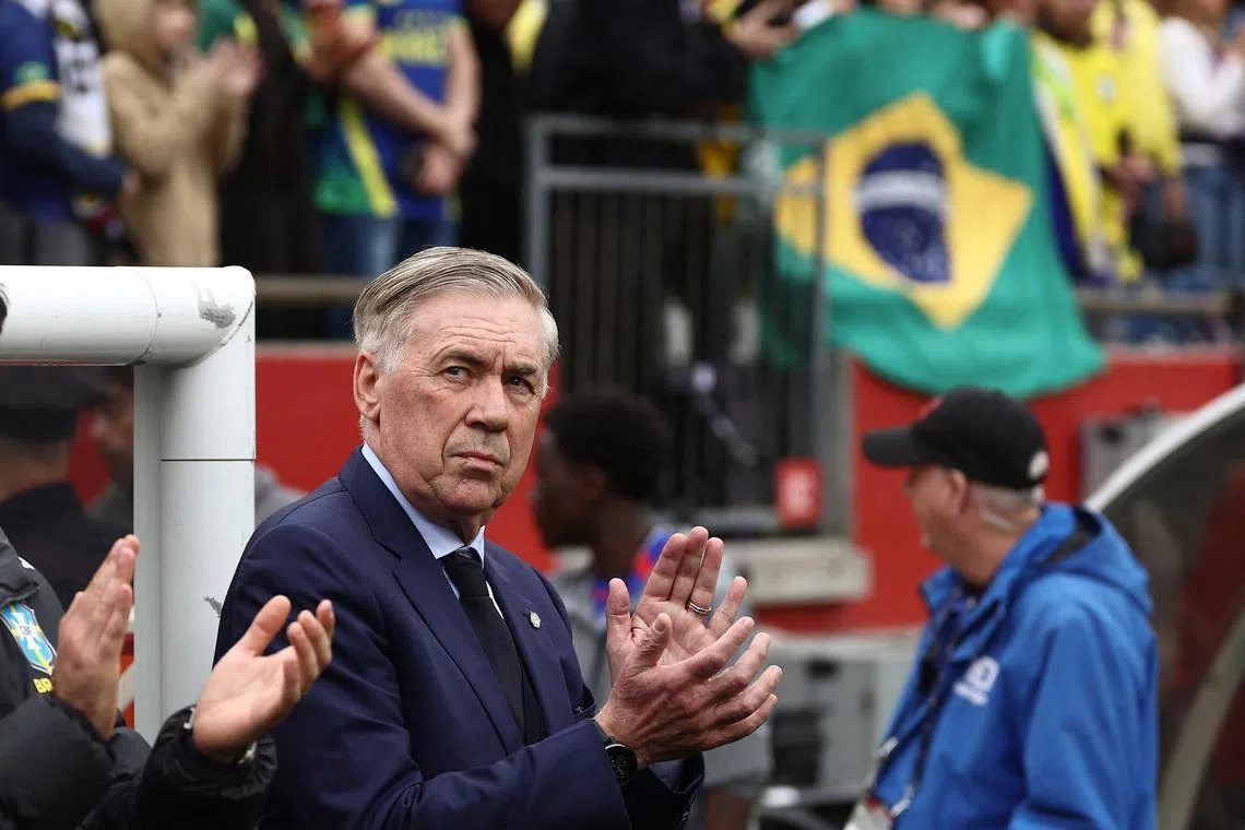 Mar 26, 2026; Foxborough, Massachusetts, USA; Brazli head coach Carlo Ancelotti applauds before their friendly against France at Gillette Stadium. Mandatory Credit: Winslow Townson-Imagn Images