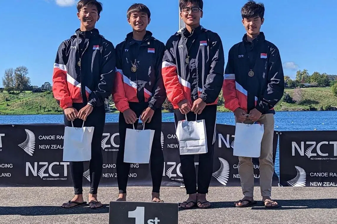 (From left) Titus Ching, Evan Ching, Wang Yi Hua, Luke Diez Thang, the gold medallists in the U16 men’s K4 500m event at the Asia Pacific Sprint Cup in New Zealand. 