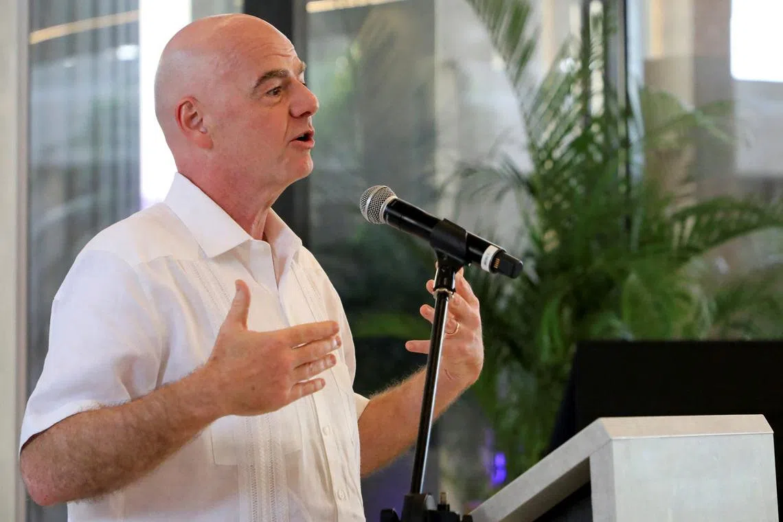FIFA President Gianni Infantino speaks during the inauguration of the Colombian Football Federation’s hotel, where he expressed his support for Mexico ahead of the World Cup, in Barranquilla, Colombia, February 24, 2026. REUTERS/Jairo Cassiani