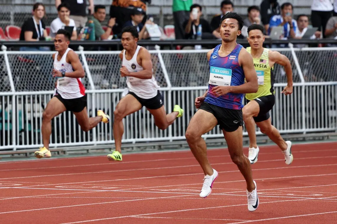 Southeast Asian Games - Athletics - Suphachalasai National Stadium, Bangkok, Thailand - December 11, 2025
Thailand's Puripol Boonson in action during the men's 100m heats REUTERS/Chalinee Thirasupa