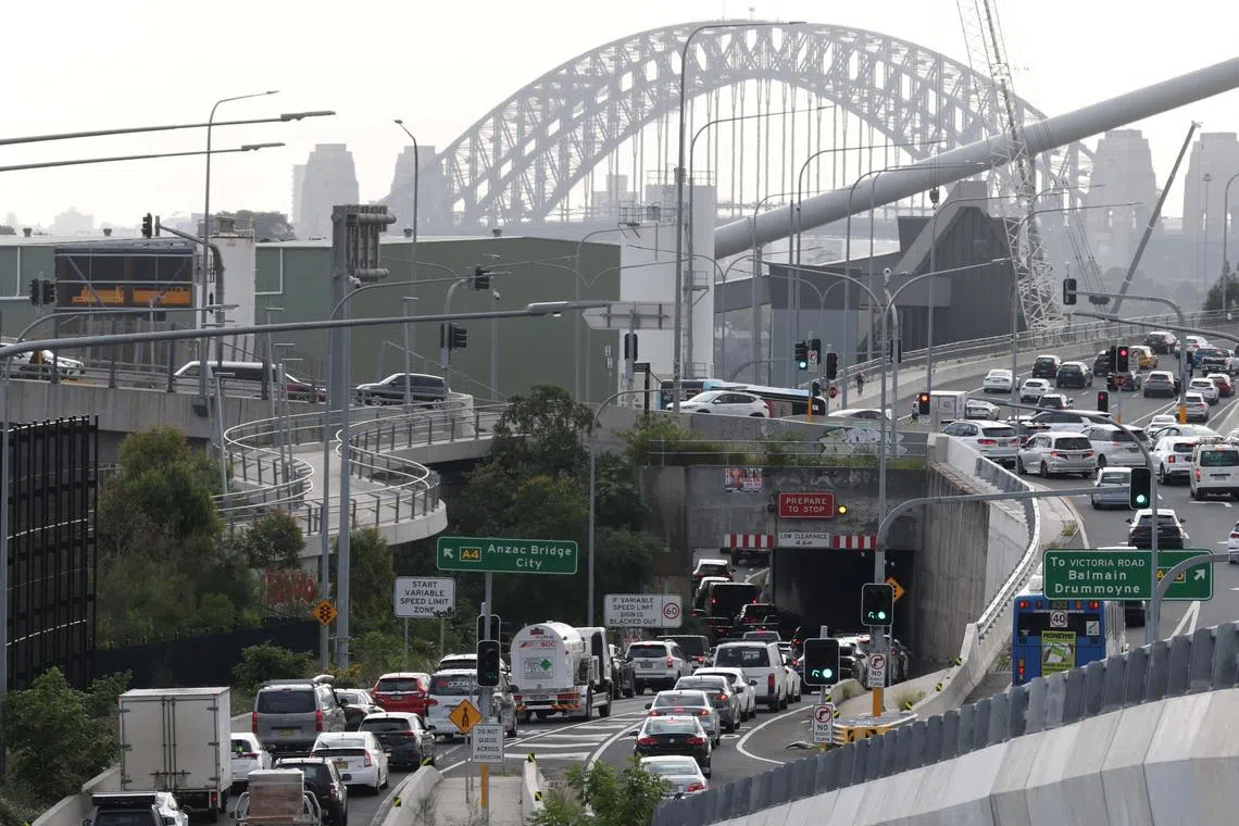 Cars queue to cross Anzac Bridge during peak hour in Sydney, Australia, March 30, 2026. REUTERS/Hollie Adams/File Photo
