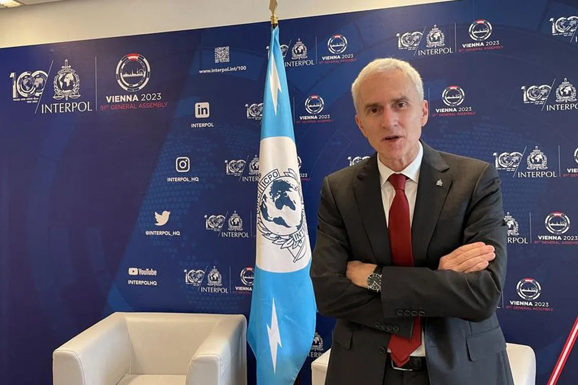 Interpol Secretary General Juergen Stock poses during an interview with Reuters in Vienna, Austria, November 28, 2023. REUTERS/Francois Murphy