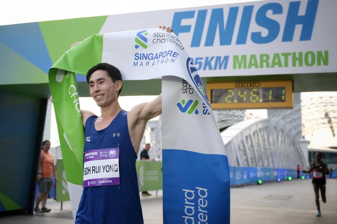 Singapore?s long-distance runner, Soh Rui Yong, taking the National Championship Marathon title (male) at Stanchart Marathon 2024 on Dec 1, 2024.