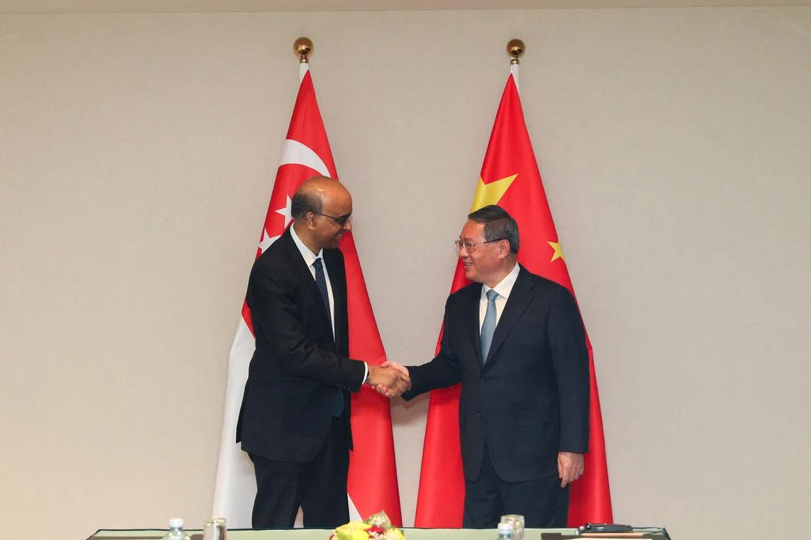 President Tharman Shanmugaratanam meeting Chinese Premier Li Qiang in Davos, Switzerland, on Jan 16.