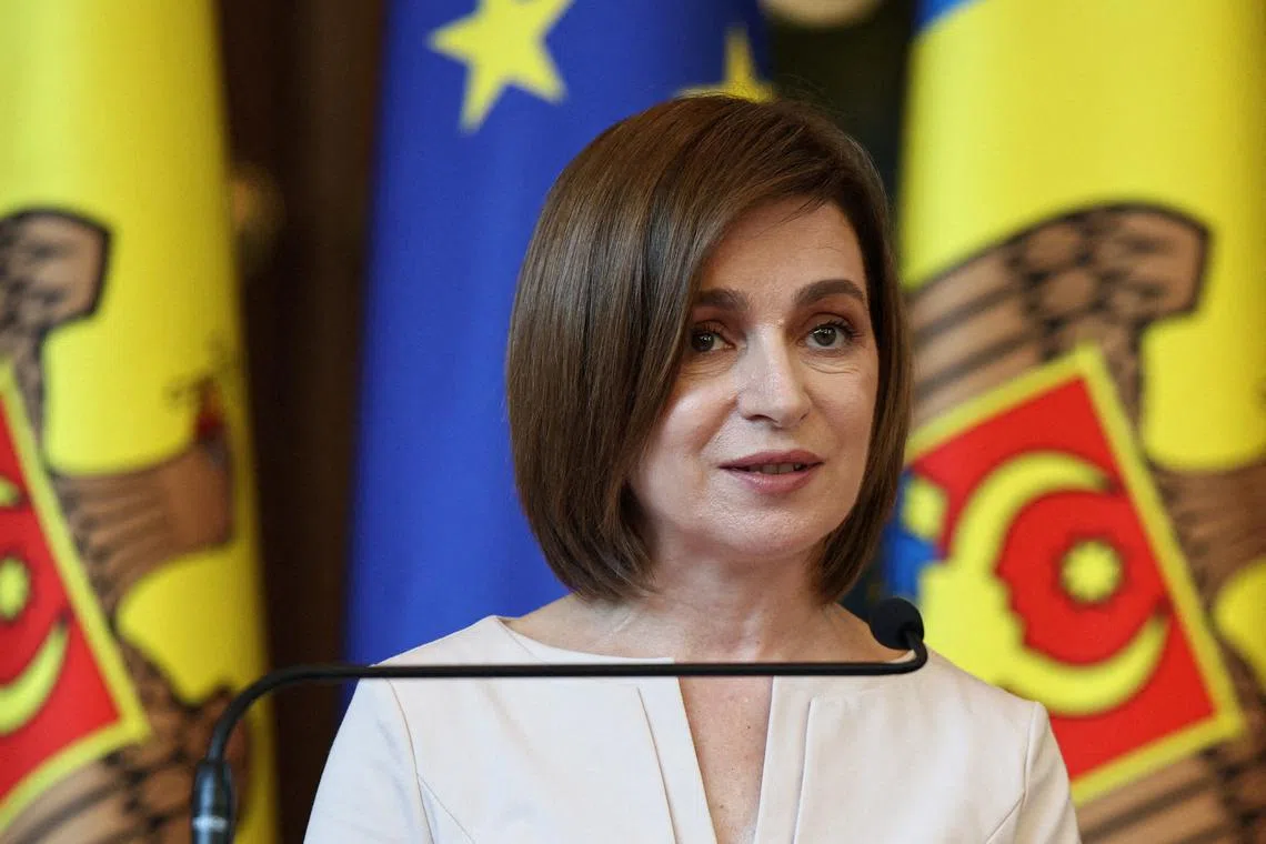 FILE PHOTO: Moldovan President Maia Sandu speaks during a press conference with European Council President Antonio Costa and European Commission President Ursula von der Leyen at the first Moldova-EU summit in Chisinau, Moldova July 4, 2025. REUTERS/Vladislav Culiomza/File Photo