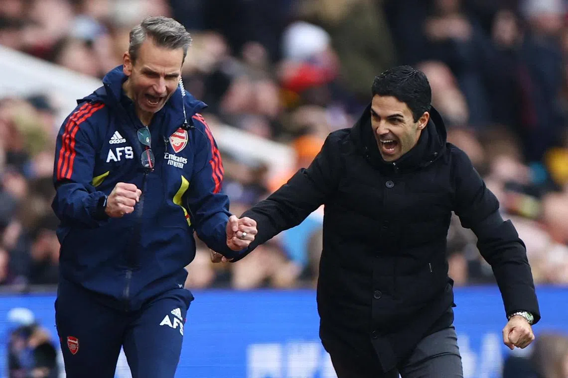 Arsenal manager Mikel Arteta (right) celebrates after the 4-2 win over Aston Villa last weekend.