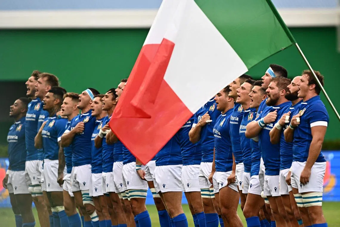 Italian players sing the national anthem before the Rugby union match Italy vs Japan.