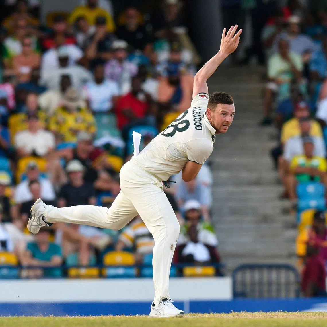 Australia's Josh Hazlewood bowling on the third day of the first cricket Test against West Indies at Kensington Oval, Bridgetown, Barbados on June 27, 2025. He took five wickets.