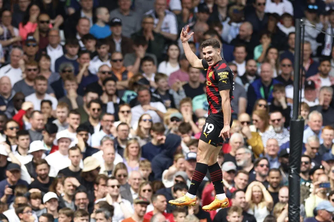 Manchester City's Julian Alvarez celebrates scoring their second goal.
