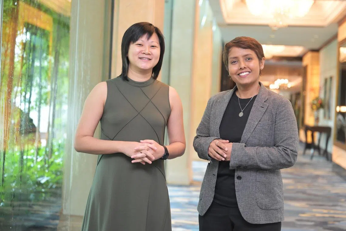 (From left) Ms Hannah Chia, principal at New Town Primary School, and Ms Rezia Rahumathullah, principal at Teck Ghee Primary School, at the annual Appointment and Appreciation Ceremony for Principals on 28 December 2023.

ST PHOTO: AZMI ATHNI