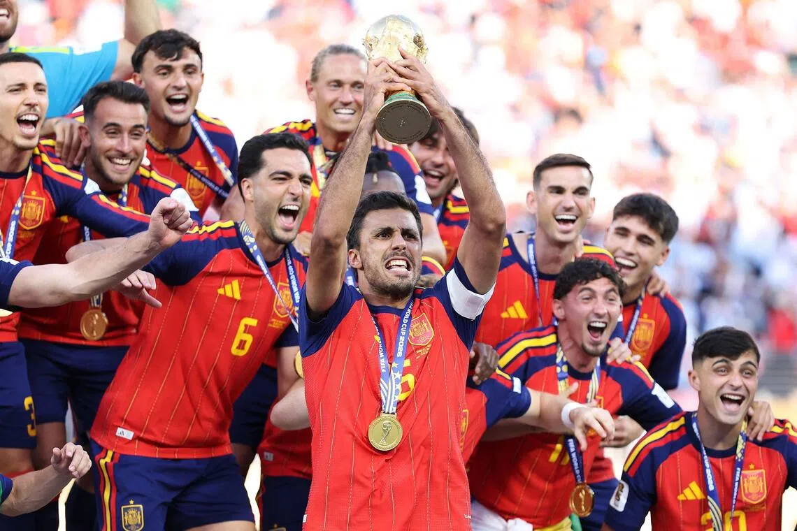Rodri lifting the trophy on July 19, after Spain beat Argentina to win the 2026 World Cup.