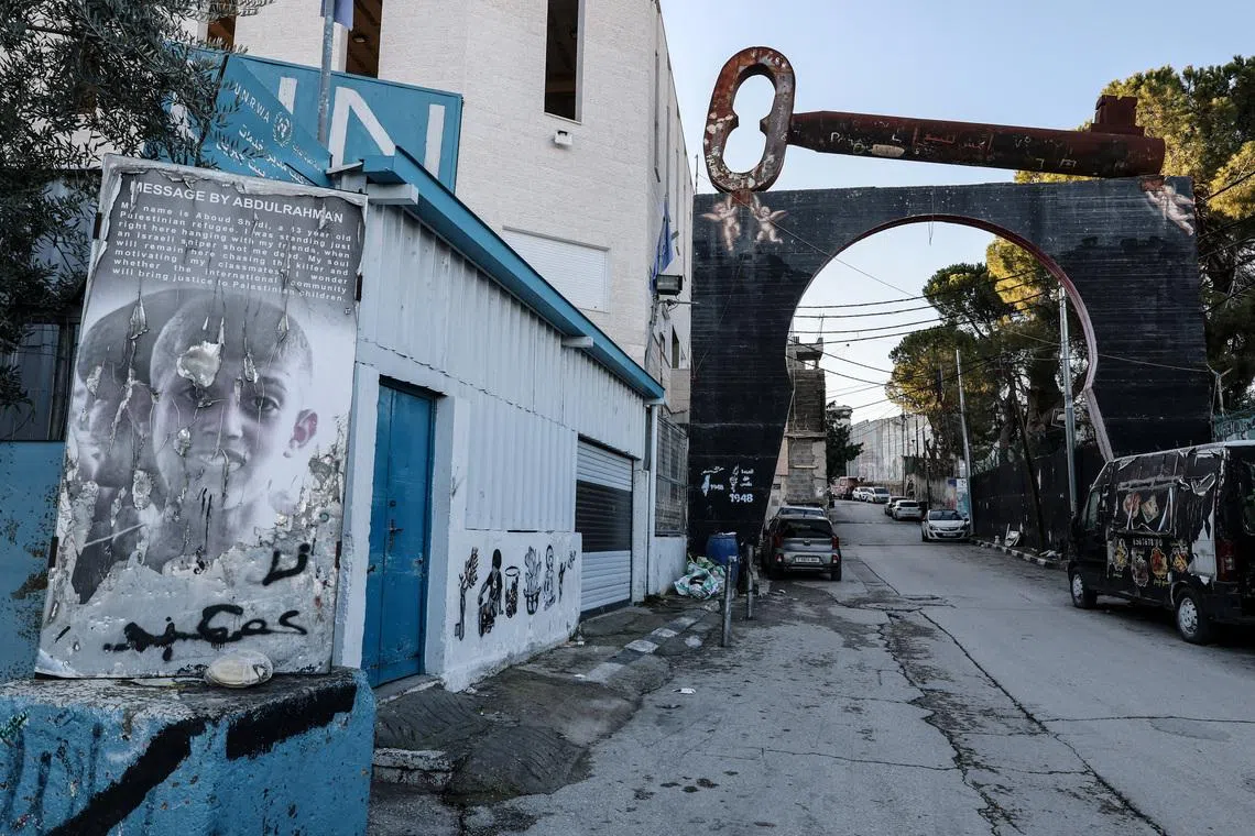 The Palestinian key of return lies on the entrance arch of the camp near an UNRWA center, in the Aida refugee camp in Bethlehem, in the Israeli-occupied West Bank, January 11, 2026. REUTERS/Ammar Awad