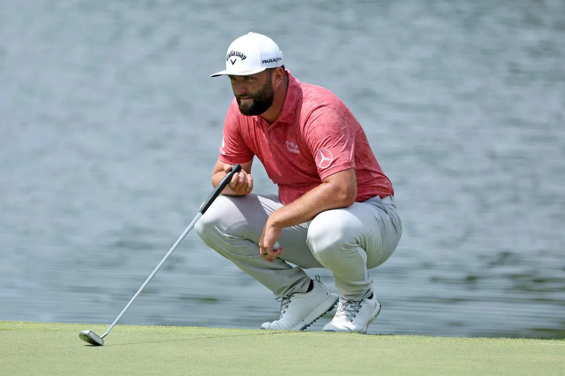 Jon Rahm of Spain lining up a putt on the ninth green during the final round of the FedExCup St Jude Championship at TPC Southwind on Sunday in Memphis, Tennessee.