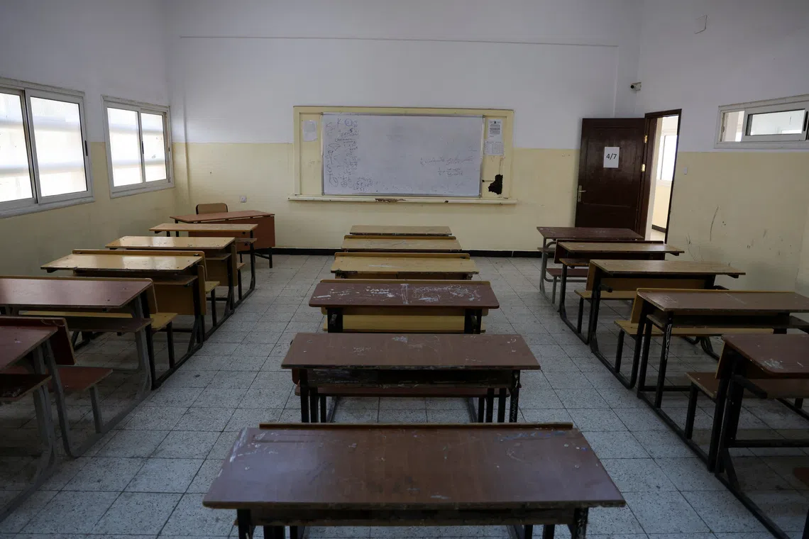 An empty classroom after schools were closed amid a teachers' sit-in demanding higher salaries, in Benghazi, Libya, September 22, 2026. REUTERS/Esam Omran Al-Fetori
