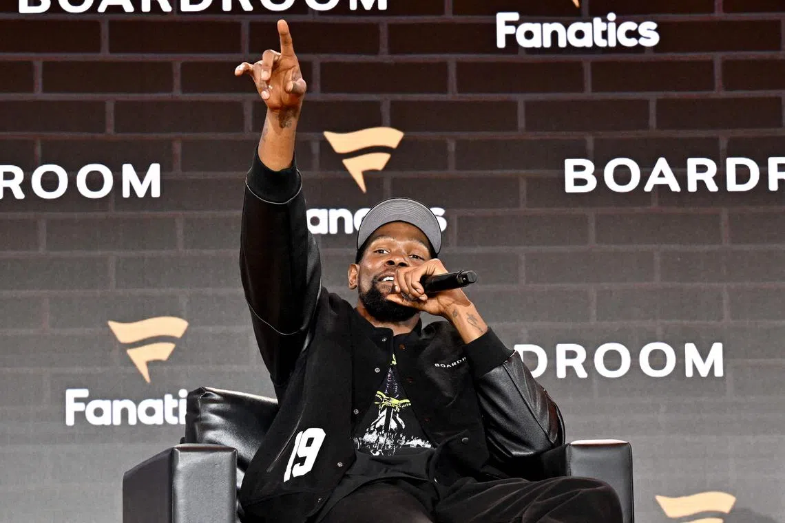 Kevin Durant speaking onstage during Fanatics Fest NYC 2025 at Javits Centre on June 22, 2025 in New York City. The news of his trade to the Houston Rockets broke during the event.