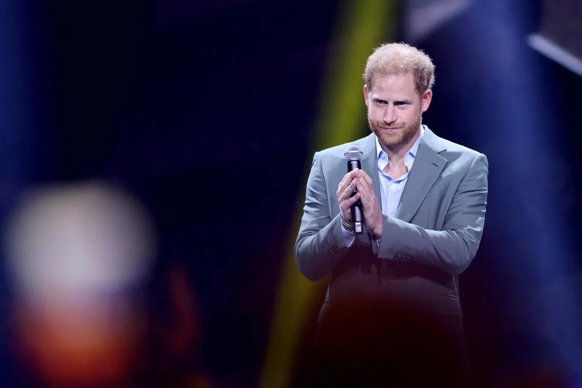 FILE PHOTO: Britain's Prince Harry speaks during the opening ceremony of the Invictus Games, in Duesseldorf, Germany, September 9, 2023. REUTERS/Thilo Schmuelgen/File Photo