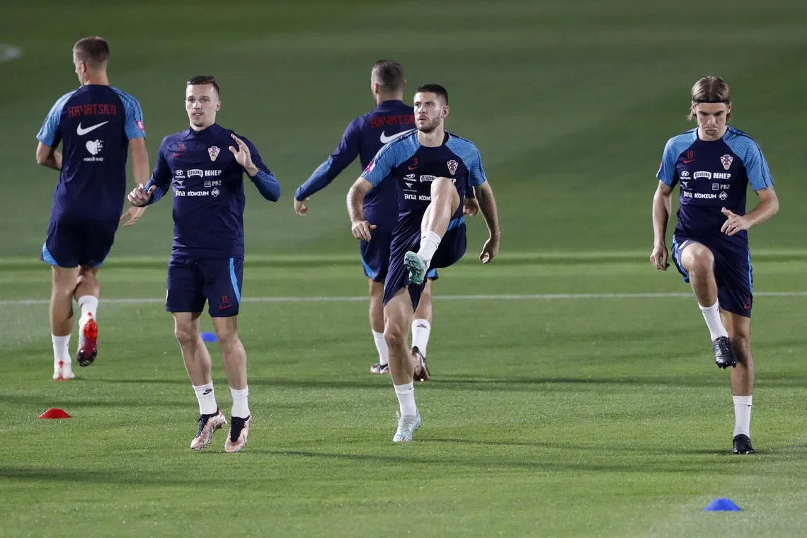 (From left) Croatia's Mislav Orsic, Andrej Kramaric and Borna Sosa during training in Qatar on Nov 18, 2022.