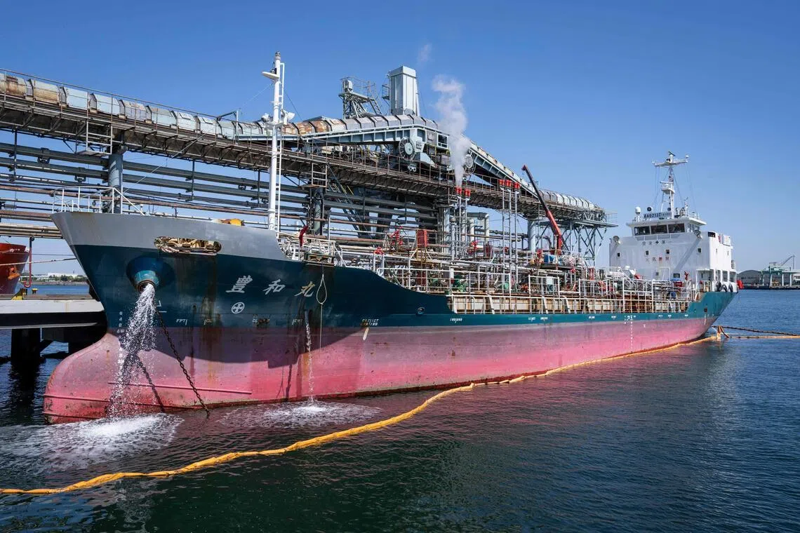 A tanker ship is moored at a port in Yokohama, Kanagawa prefecture on April 8.