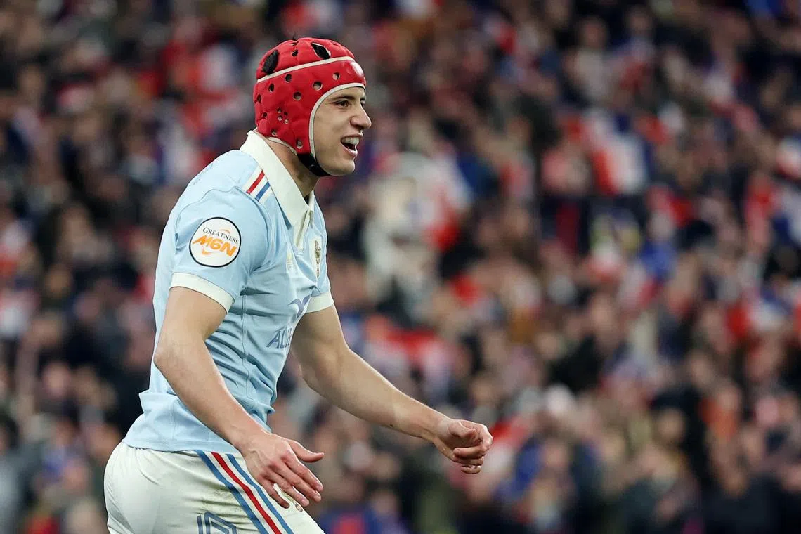 Rugby Union - Six Nations Championship - France v England - Stade de France, Saint-Denis, France - March 14, 2026 France's Louis Bielle-Biarrey celebrates scoring their second try REUTERS/Gonzalo Fuentes