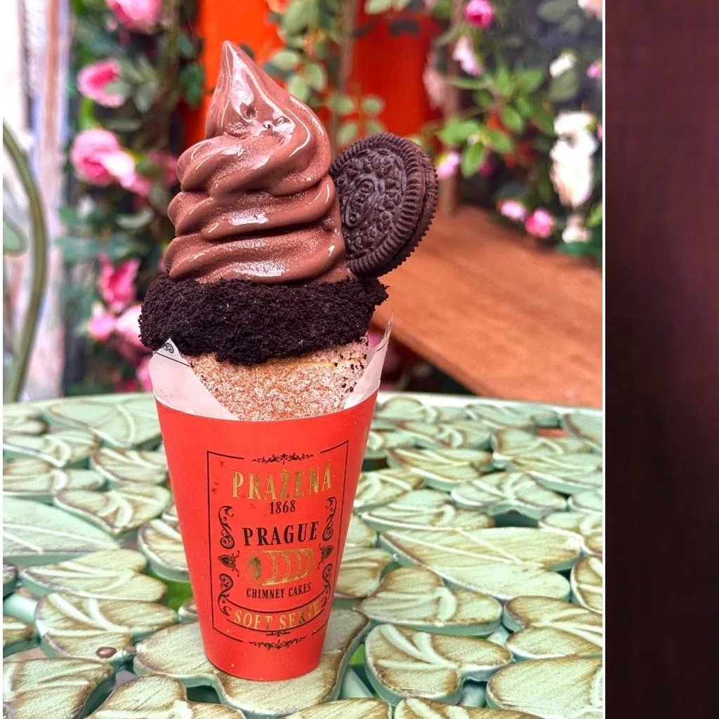 Matcha In Summer (right) at Prazena. Cocoa After Midnight features dark chocolate soft serve.