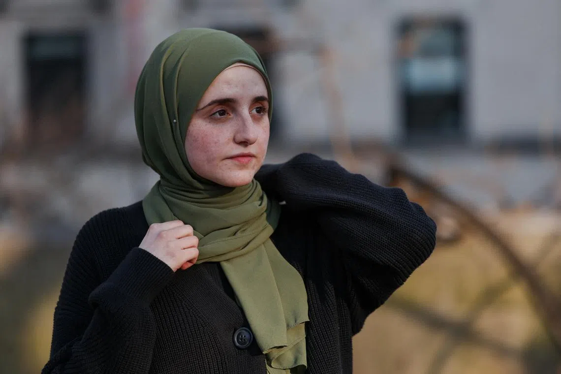 Noor Abdalla, 28, wife of Palestinian activist and Columbia University graduate student Mahmoud Khalil who was detained by ICE, stands for a portrait after an interview with Reuters in New York City, U.S., March 12, 2025. REUTERS/Caitlin Ochs