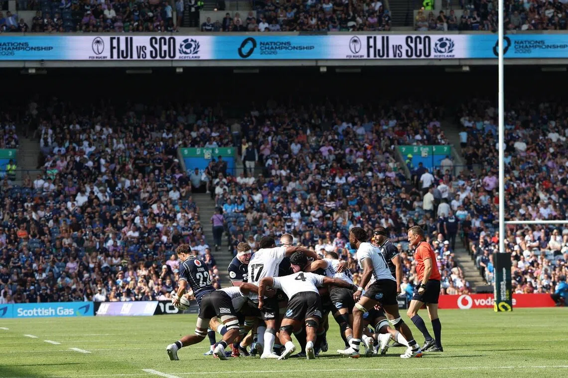 Scotland (in blue) and Fiji in a scrum in their Nations Championship rugby match at Murrayfield on July 18, 2026.