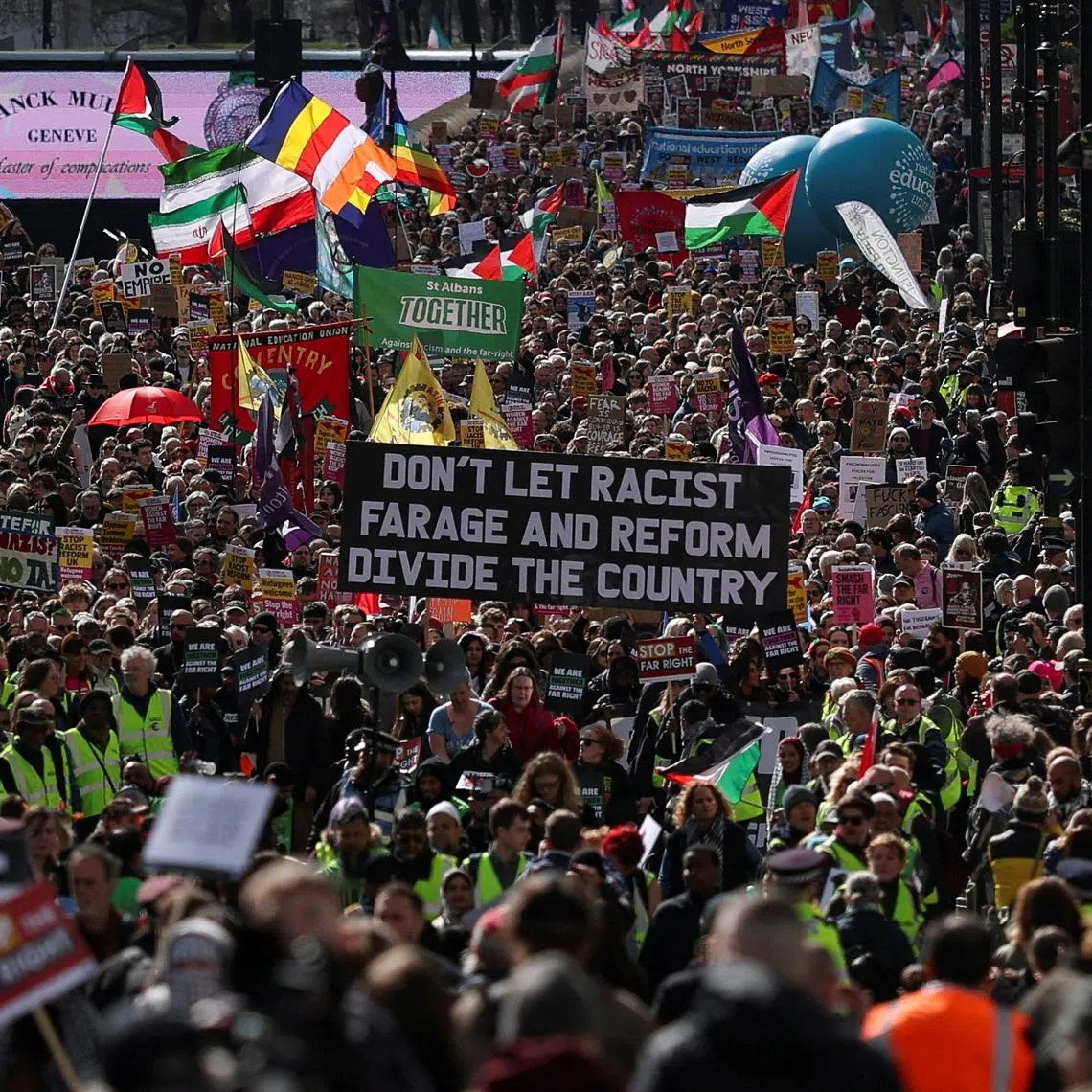 Demonstrators marching against far-right extremism in London, Britain, on March 28.