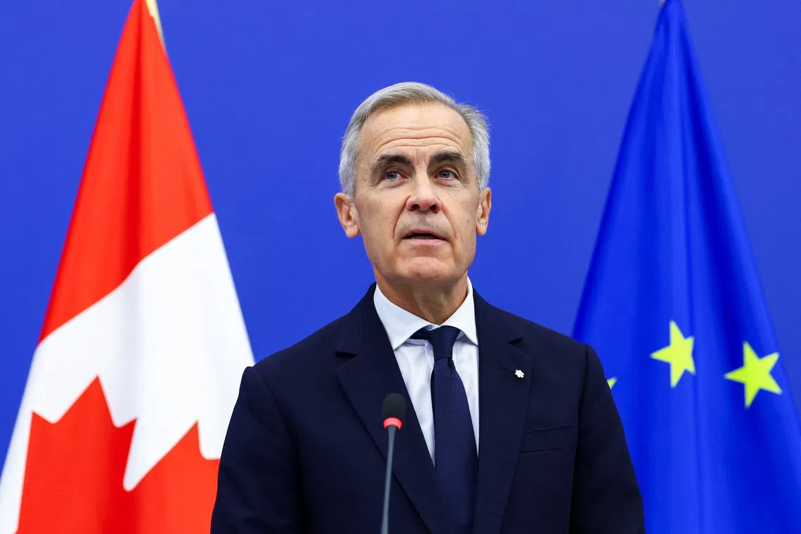 Canadian Prime Minister Mark Carney holds a joint press conference with European Parliament President Roberta Metsola (not pictured) after his address at the European Parliament in Strasbourg, France, September 17, 2026. REUTERS/Yves Herman